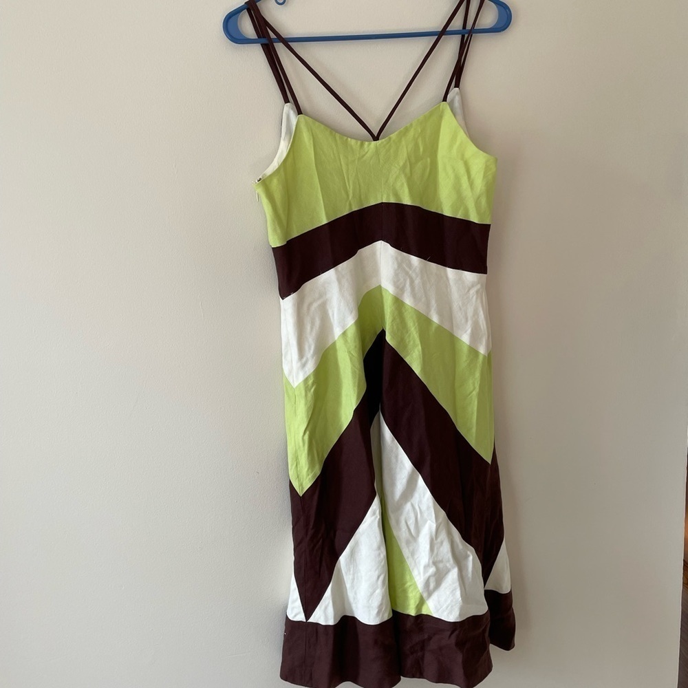 Yves Cossette Spaghetti Strap Color Block Slip Dress Lemon Brown Beige Size 8.